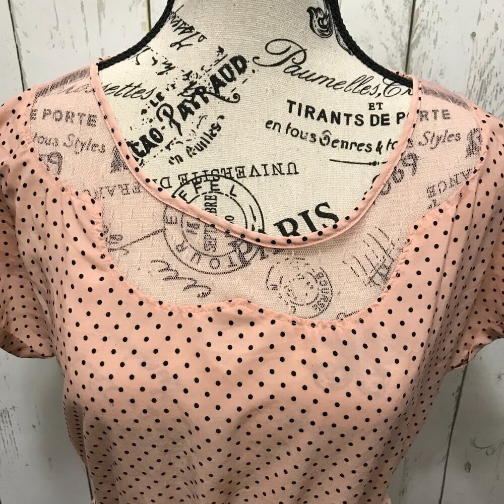 Bordeaux Los Angeles lightweight dress in peach and black polka dots.  W/belt L - Picture 2 of 13